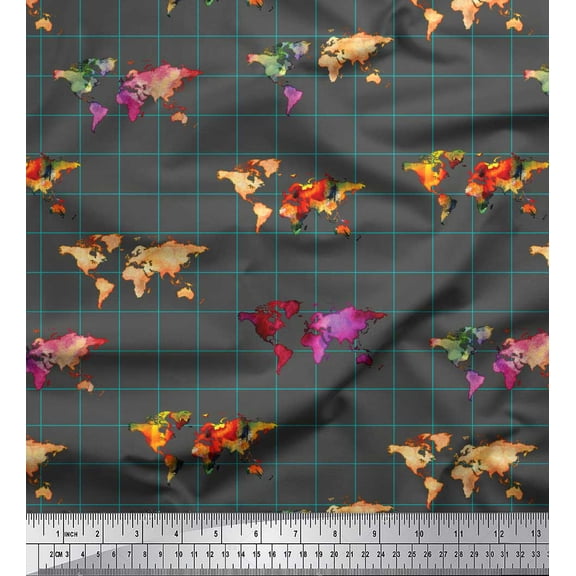 Soimoi Gray polyester Crepe Fabric Check & World Map Print Sewing Fabric Yard 42 Inch Wide