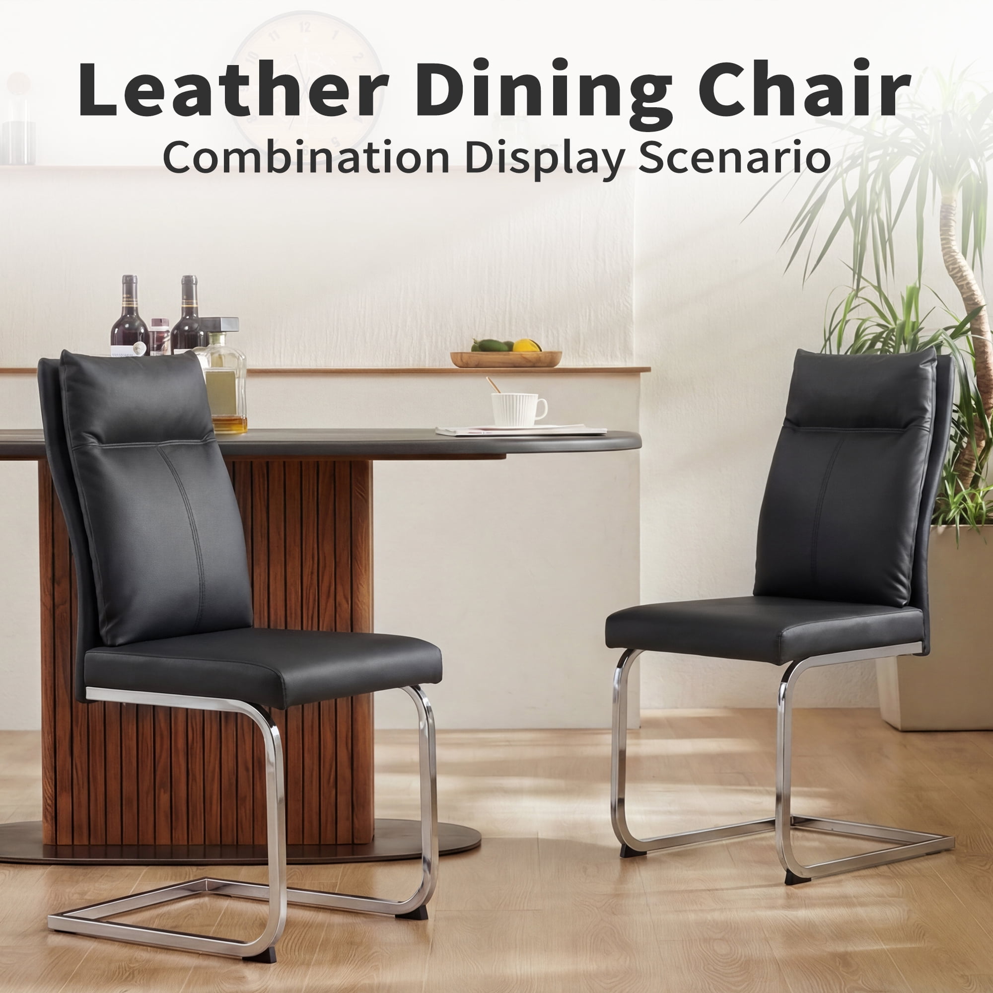 Dining Chairs Set of 2, Faux Leather with Thick Cushion and C-Shape Chrome Base, Modern Kitchen and Living Room Chairs, Black