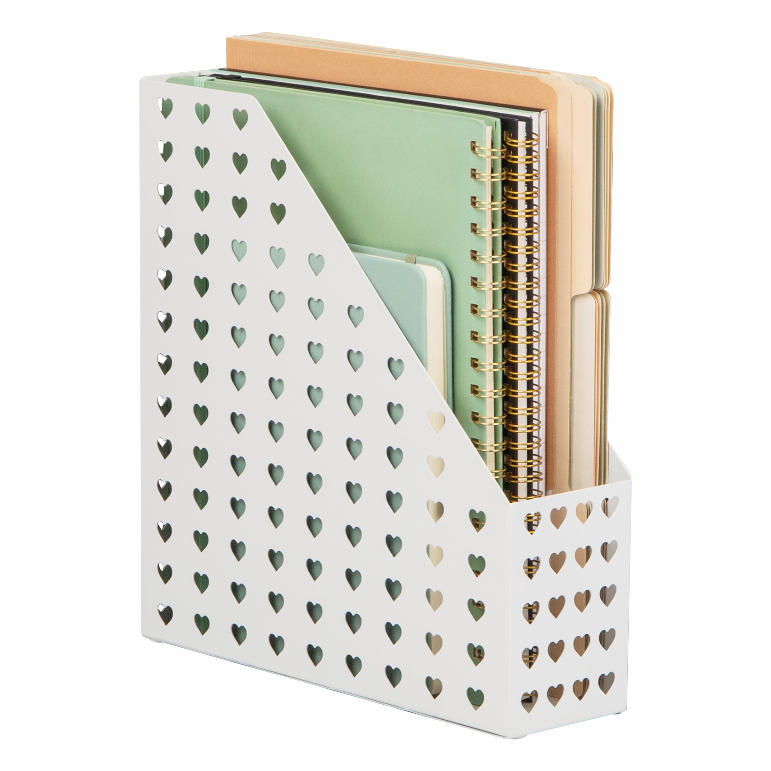 Mind Reader Metal Magazine Organizer with Heart Cutout, Vertical File Holder, White