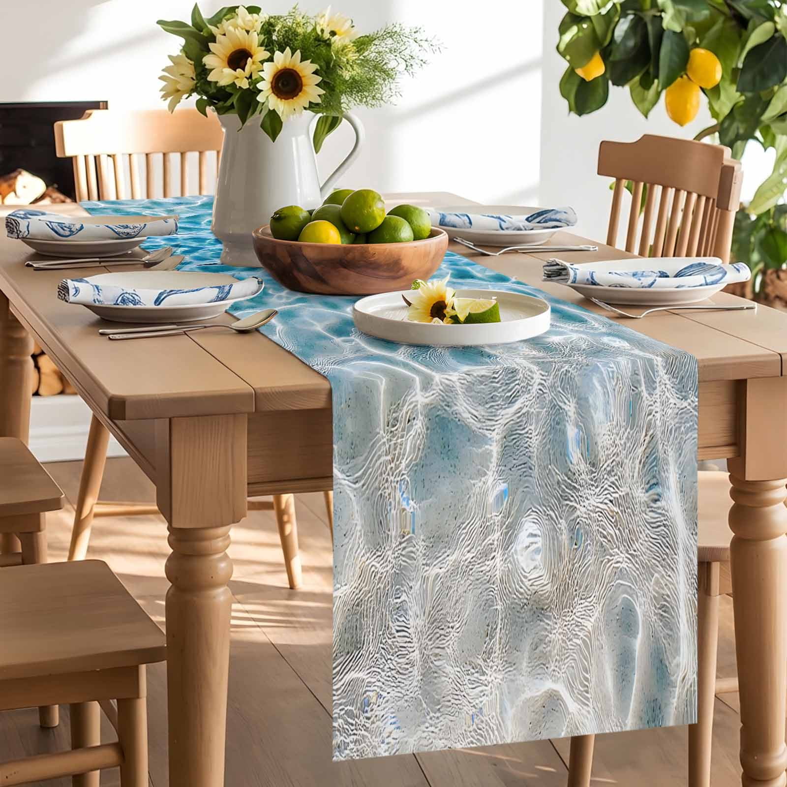 Blue Sea Water Ripple Table Runner 90 Inches Long, Ocean Seabed Table Runners Tabletop Scarf Kitchen Dining Tables Decoration for Home Party Indoor Outdoor
