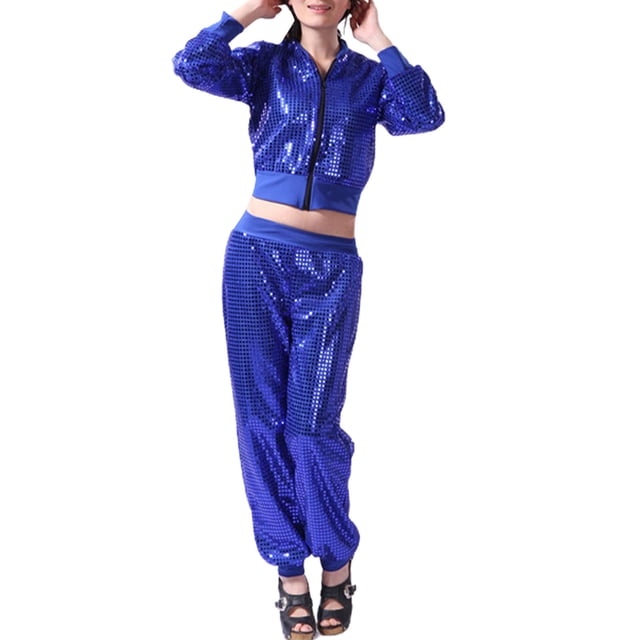 WILLBEST Pantalones Casuales Para Mujer Con Lentejuelas Brillantes, Trajes de Baile Callejero, Ropa de Hip Hop, Baile de Jazz, Blusa Con Cremallera Completa, Conjunto de Pantalones Harén Para Niñas