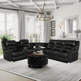thumbnail image 3 of 2-Piece Living Room Set, PU Leather Sectional Sofa Set with Caster Ottoman, 5 Seater Home Theater Sofa with Black Storage Ottoman, Reclining Couch, Jet Black Love Seat with Table, 3 of 8