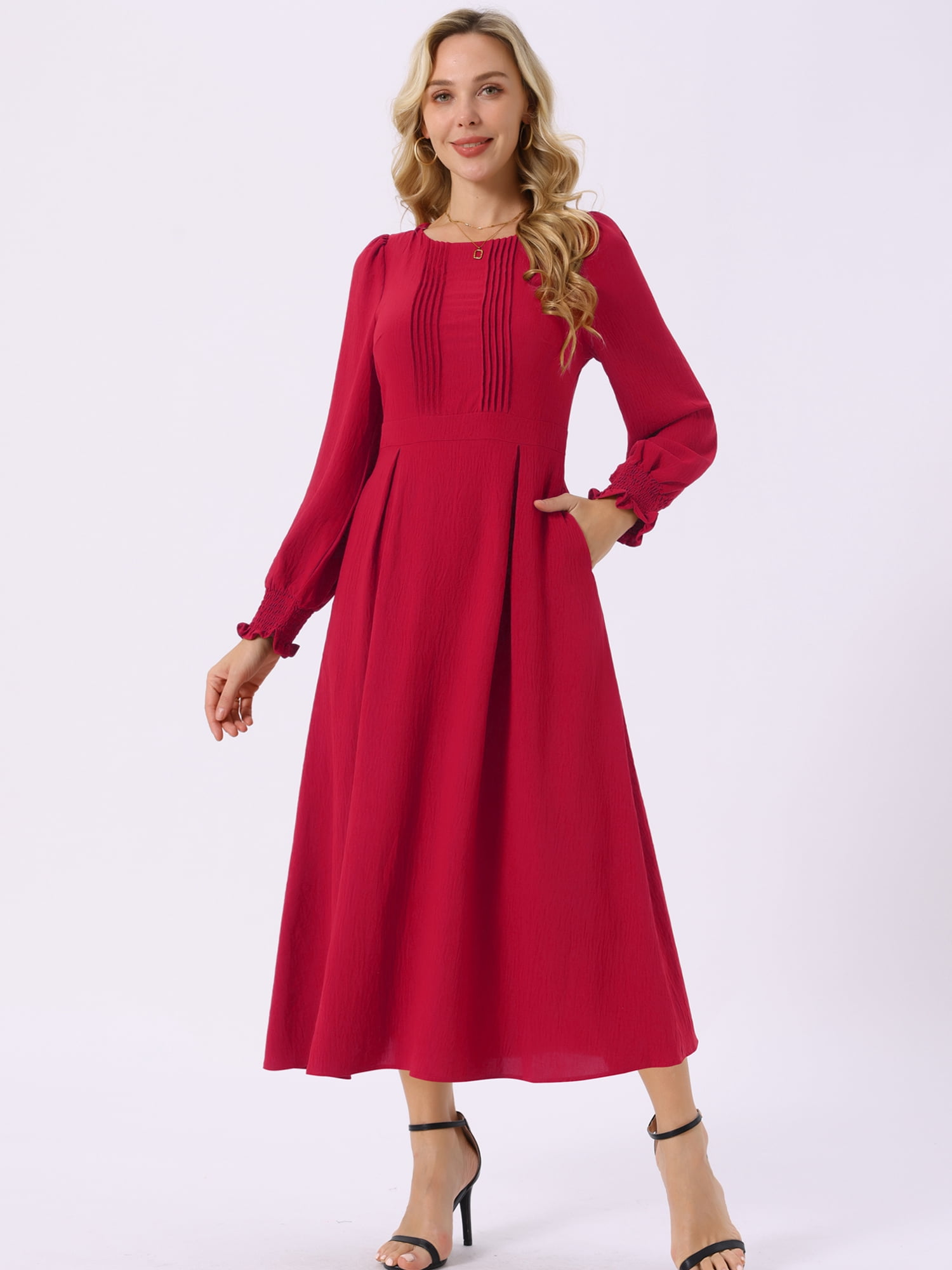 DARING DIVA Frilled Crewneck Long Sleeve Midi Fall Dress L Red