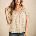 thumbnail image 2 of Edvintorg Button Up Shirt Women Plaid Printed Crew Neck Short Sleeve Loose Casual Blouses Summer Tops for Women Khaki S, 2 of 8