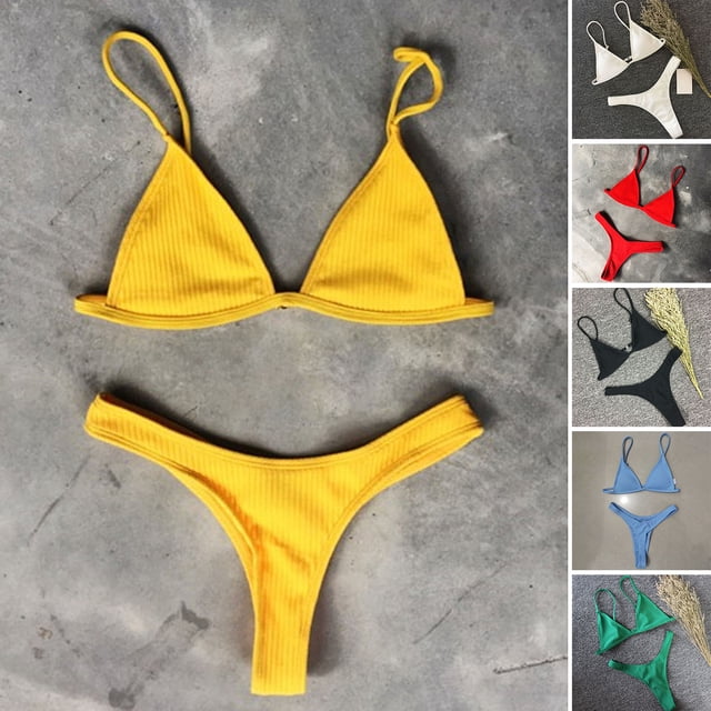 Fairnull 2 Pcs/Set Femmes Bikini Ensemble Dos Nu Réglable Sangles Profond V Cou Rembourré à Séchage Rapide Natation à Trois Points G-string Dame Maillots de Bain Vêtements de Sports Nautiques