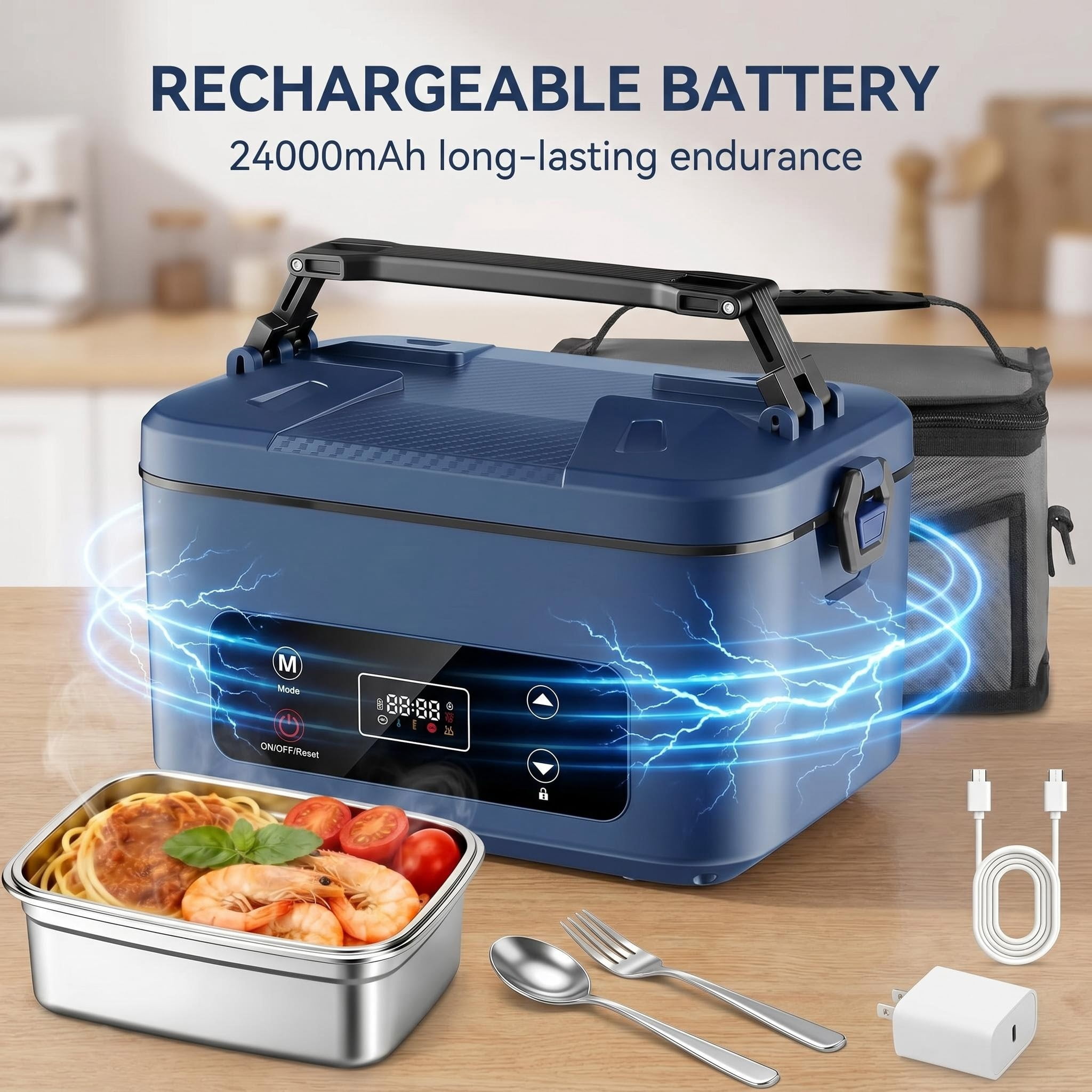 Cordless Electric Lunch Box, 5.1 Cups Heated Lunch Box Battery Powered with Automatic Scheduled Heating for Office, Picnic, Car & Outdoor Use