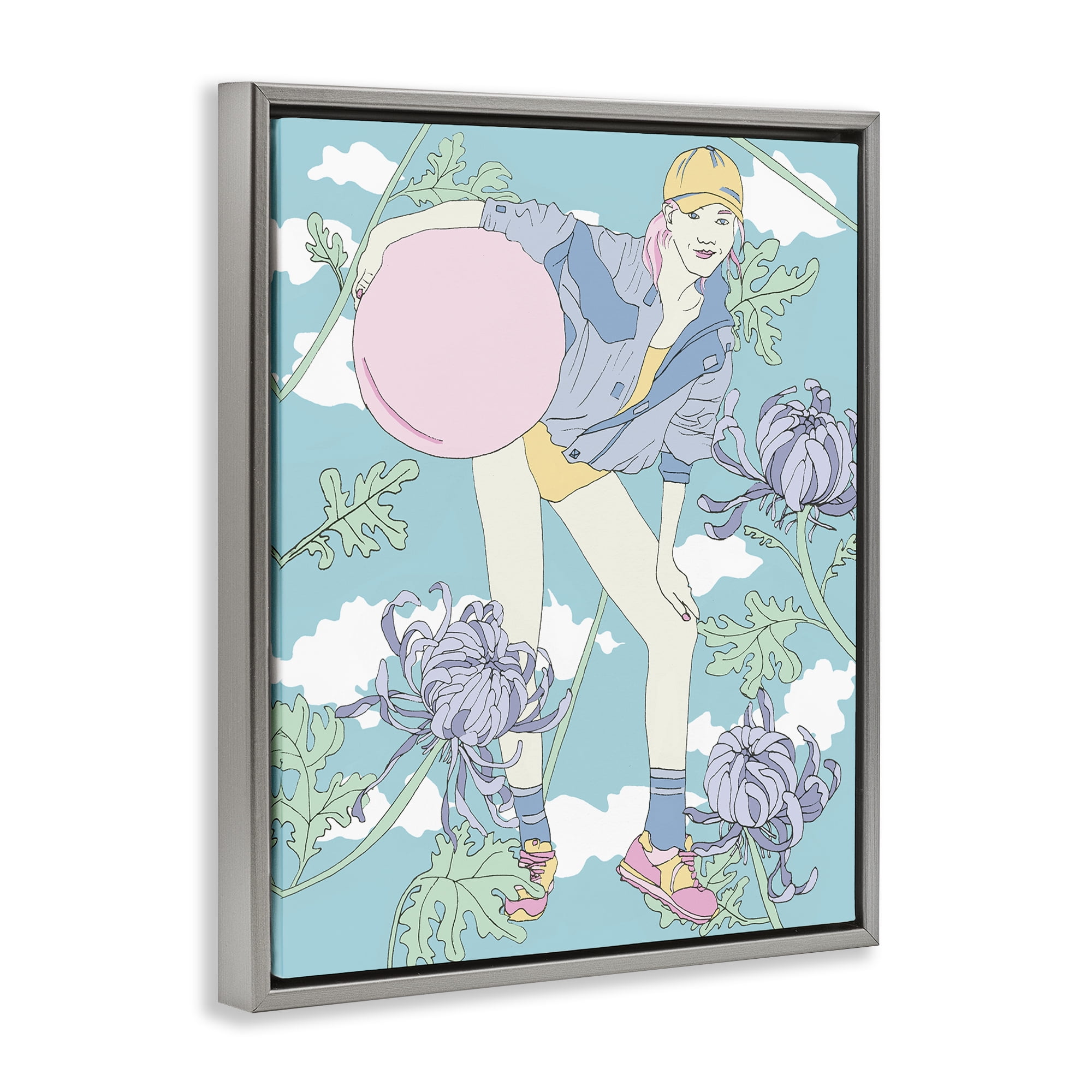 Stupell Industries Pastel Exercise Ball Girl People Painting Gray Floater Framed Canvas Art Print Wall Art, 25 x 31