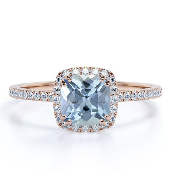JeenMata Pave 1.75 Carat Cushion Cut Created Aquamarine and Moissanite Engagement Ring in 18k Rose Gold over Silver