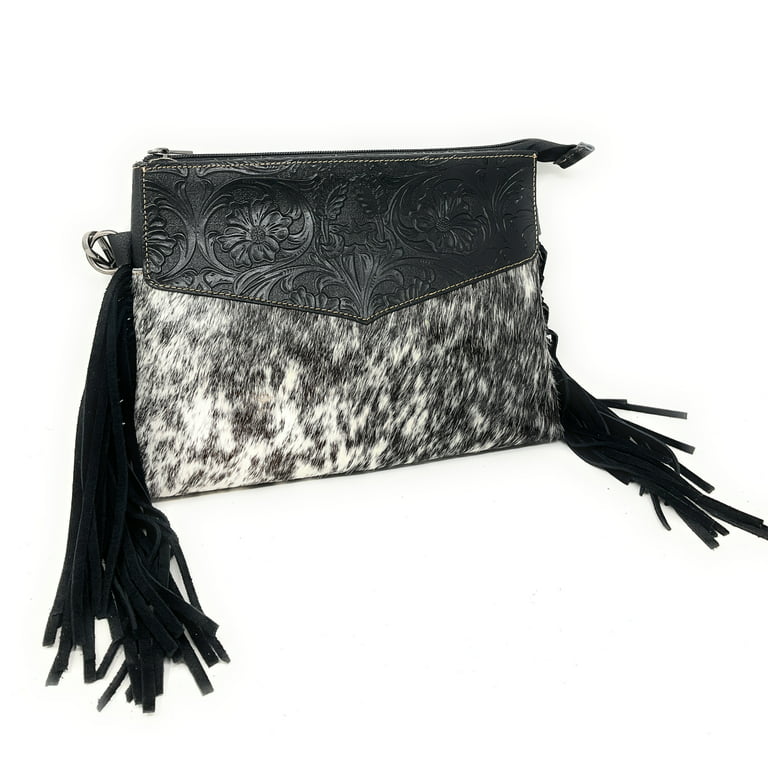 Black & White Cowhide Crossbody Bag with Fringe