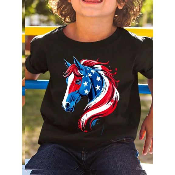 children’s wear Patriotic American Flag Horse Graphic T-Shirt for Kids Boys Girls, Retro USA Stallion Fourth of July Cotton Tee