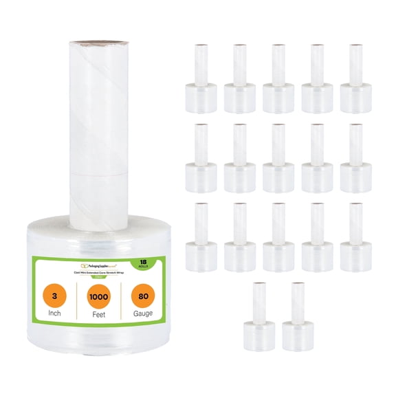 PSBM Mini Hand Stretch Wrap with Extended Core Handle 3" x 1000' 18 Rolls 80 Gauge Clear Plastic Shrink Film for Packing Moving