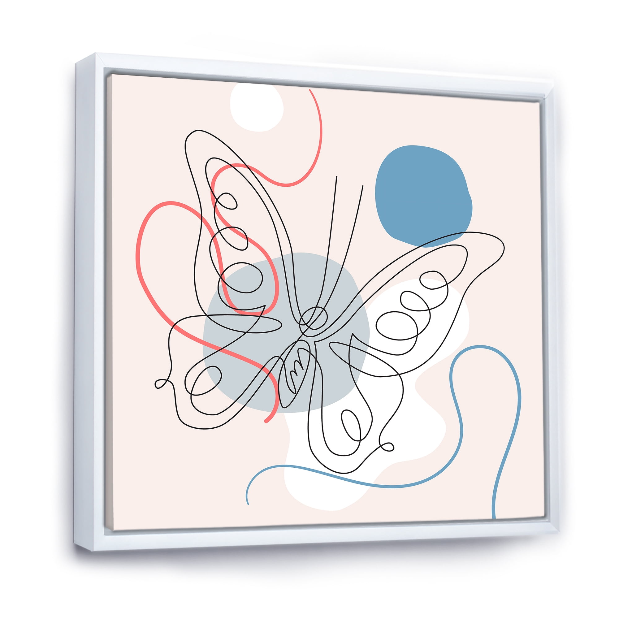 Designart 'One Line Butterfly Drawing On Cubism Shapes III' Modern Framed Canvas Wall Art Print