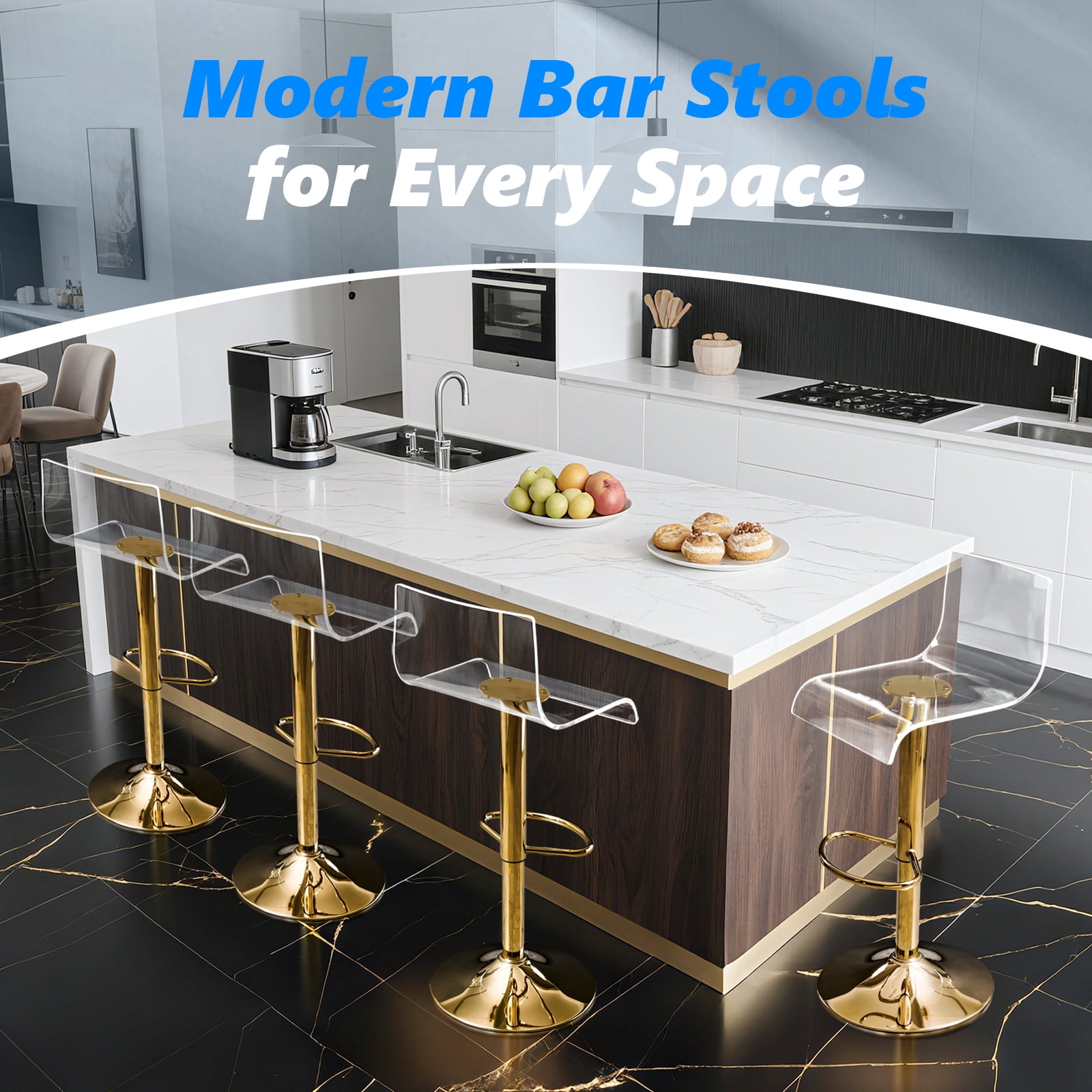 Clear Acrylic Bar Stools set of 3 , 360° Swivel Height Adjustable Bar Chairs with Backrest, Transparent Counter Height Stools with Gold Metal Base for Kitchen Island, Bar, Cafe ( Gold )