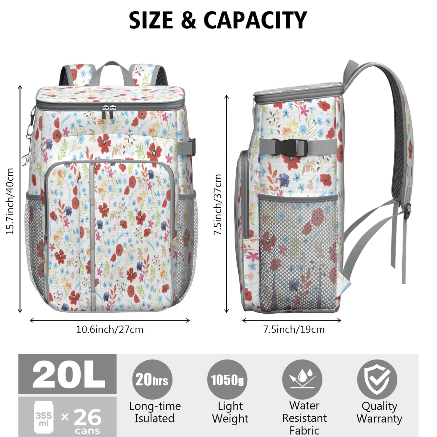 Travel Cooler Bag - Pioneer Flower Floral Print Pattern Camping Beer Cooler Backpack with Bottle Opener- Waterproof Insulated Picnic Backpacks - Cooler Bag for Beach