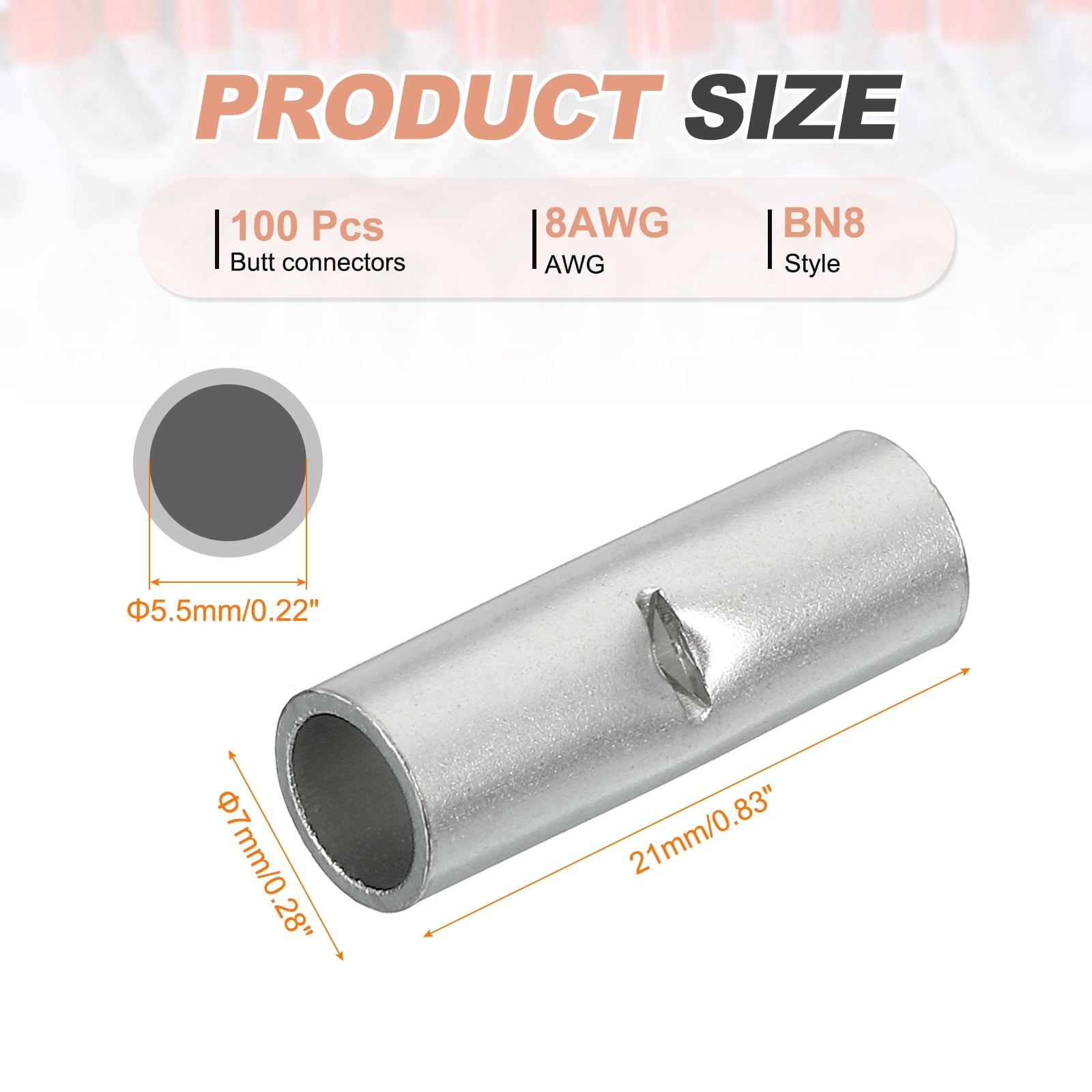 100 Pcs Non Insulated Butt Connectors 8AWG Wire Connector BN8 for Electrical Wire Crimp Ferrule Terminals