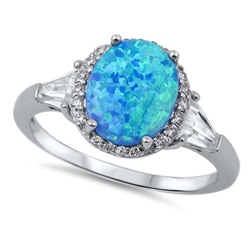 CHOOSE YOUR COLOR Blue Simulated Opal Oval Solitaire Ring .925 Sterling Silver Band White CZ Female Size 8