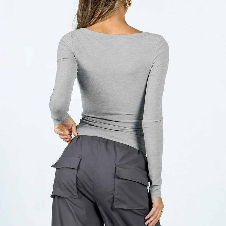 ALSLIAO Women U Collar Long Sleeve Bodycon T Shirt Tops Club Steetwear Y2K  Crop Top Light grey S