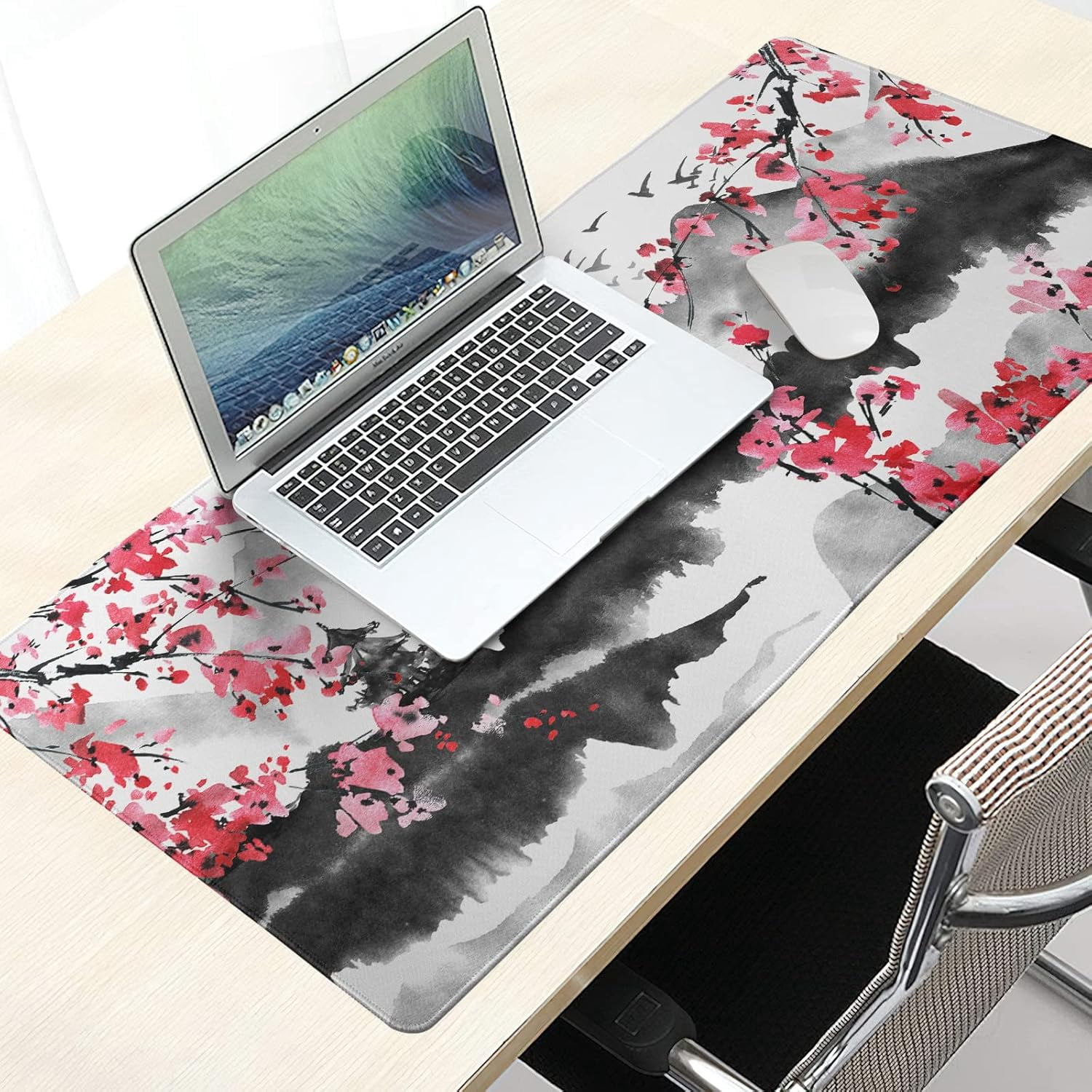 Japanese Cherry Blossom Mouse Pad 35.4x15.7in XXL Full Desk Pink Watercolor Art, Cool Design Gaming Mousepad, Extended Large NonSlip Rubber Base, Stitched Edges