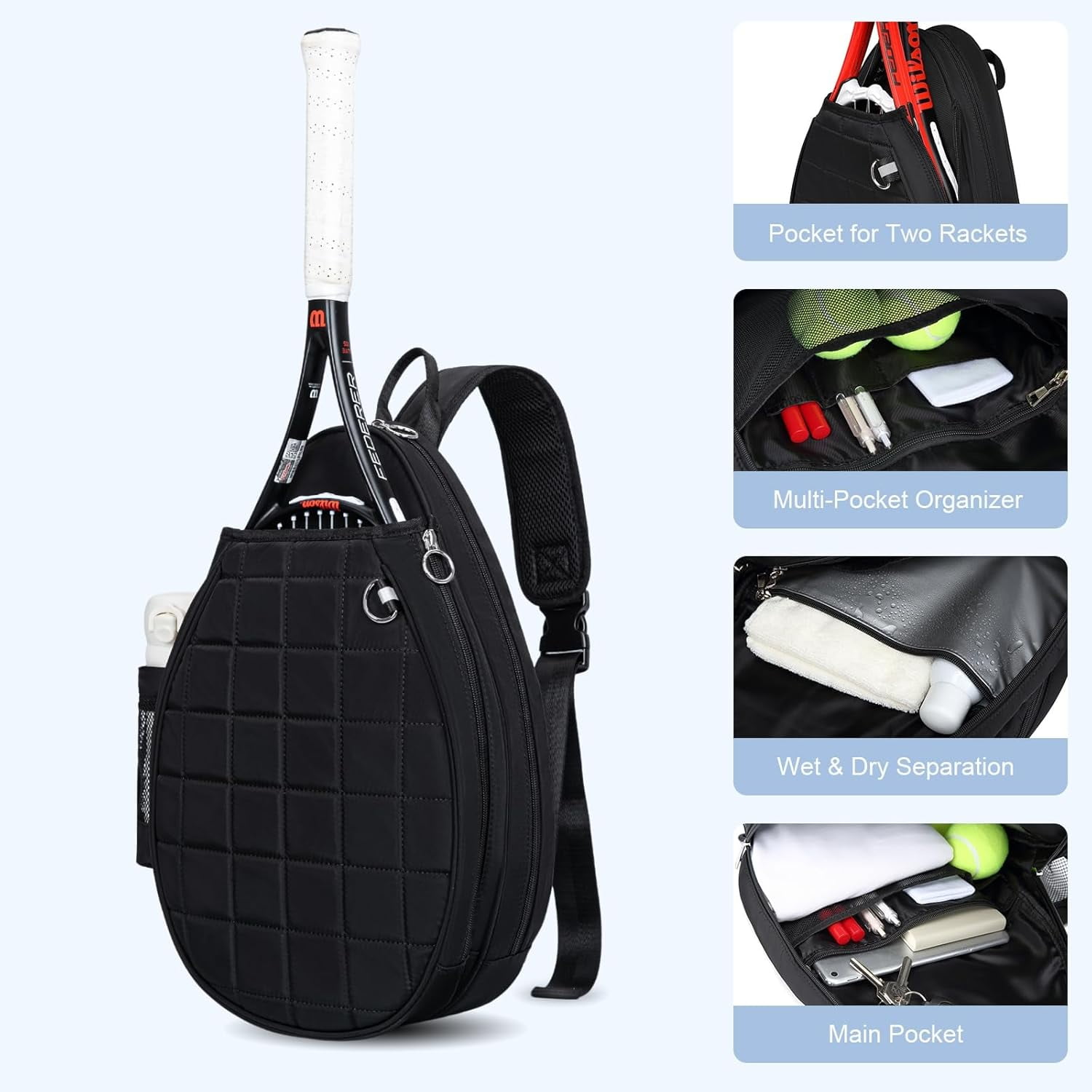 Quilted Tennis Backpack for 2 Rackets, Slim & Lightweight Waterproof Sling Bag for Tennis, Pickleball, Padel, Crossbody Sport Bag for Men & Women