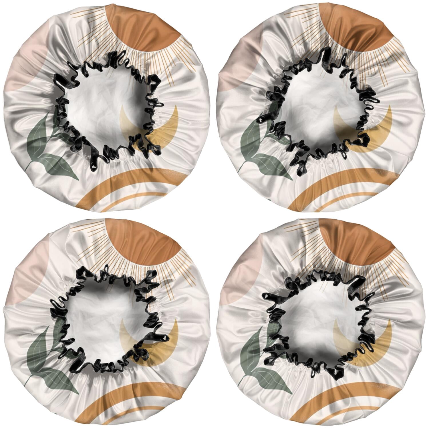 Shower Caps,Brown Boho Sun, Moon and Plant Pattern Waterproof Shower Cap for Women 4 Pieces,Double Reusable Hair Cover for Shower PEVA Elastic Stretch Hem