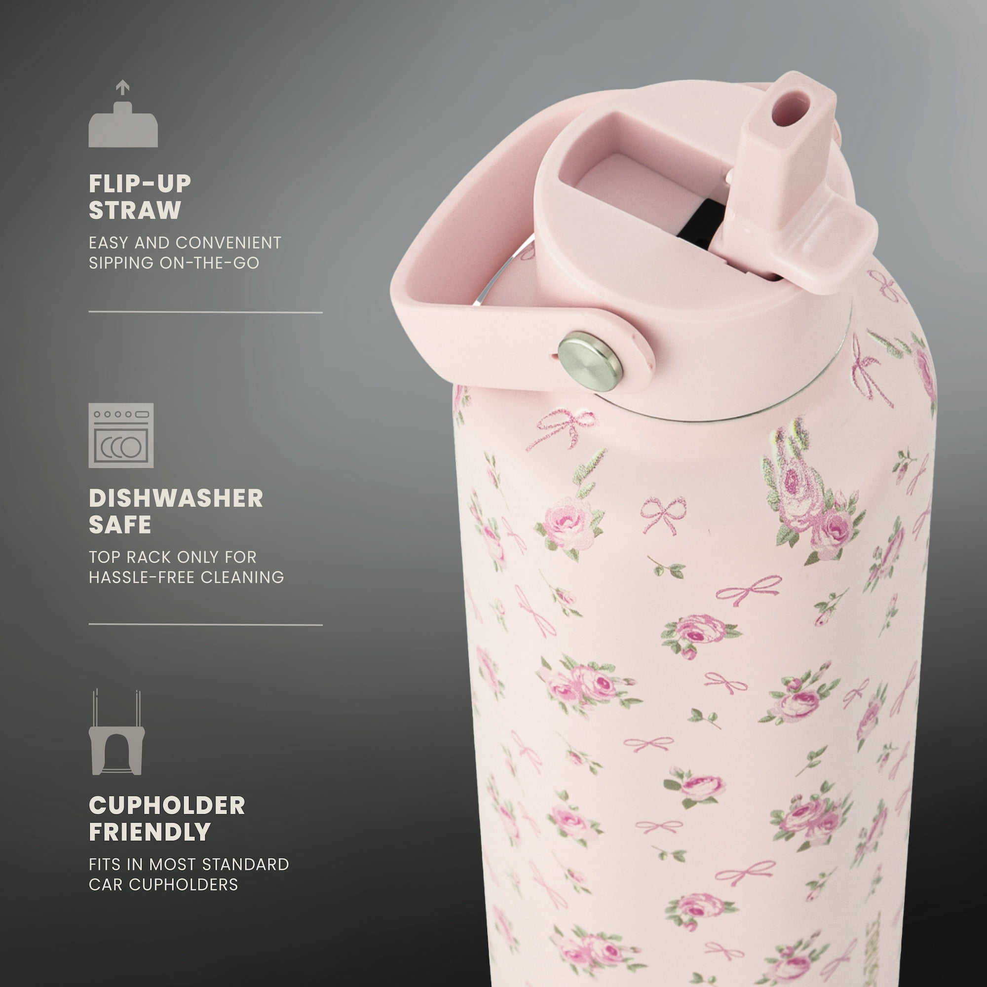 Thyme & Table 24oz Stainless Steel Cleo Bottle with Straw, Roses