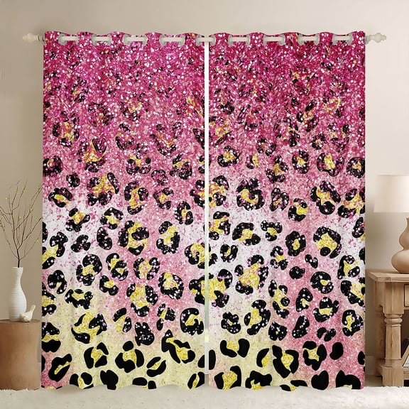 Manfei Gradient Bling Glitter Black Out Curtains for Children Teens Female,Cheetah Leopard Print Curtains Pack of 2 (42x63 Each),Dreamy Princess Bedroom Curtains,Super Cozy Room Decor