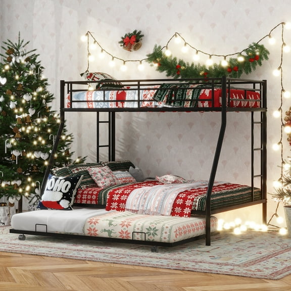 Euroco Metal Twin over Full Bunk Bed with Moveable Trundle & 2 Ladders for Bedroom, 3 Beds for Kids Teens Adults and Guests, Black
