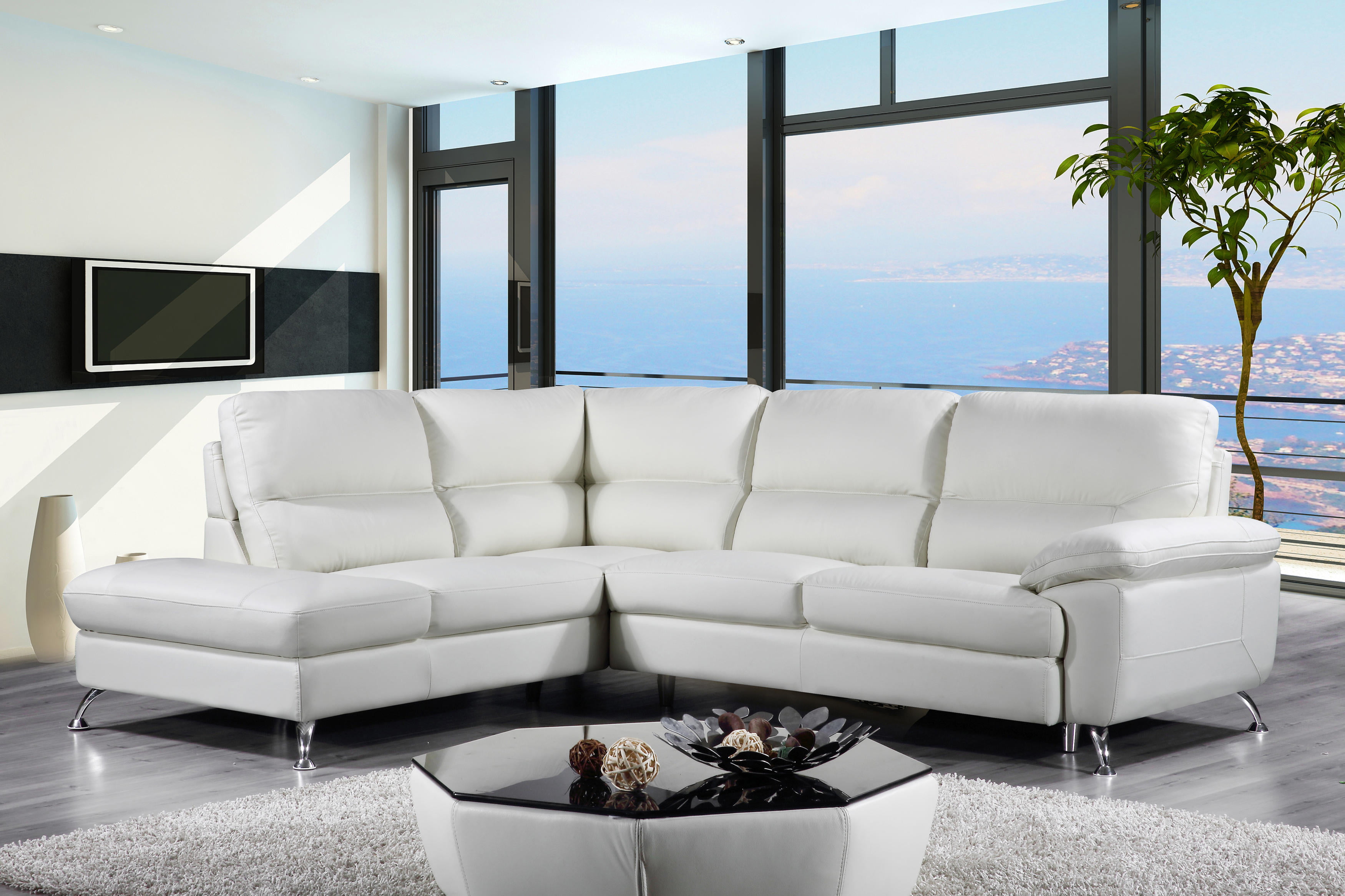 Cortesi Home Contemporary Miami Genuine, Genuine Leather Sectional With Chaise
