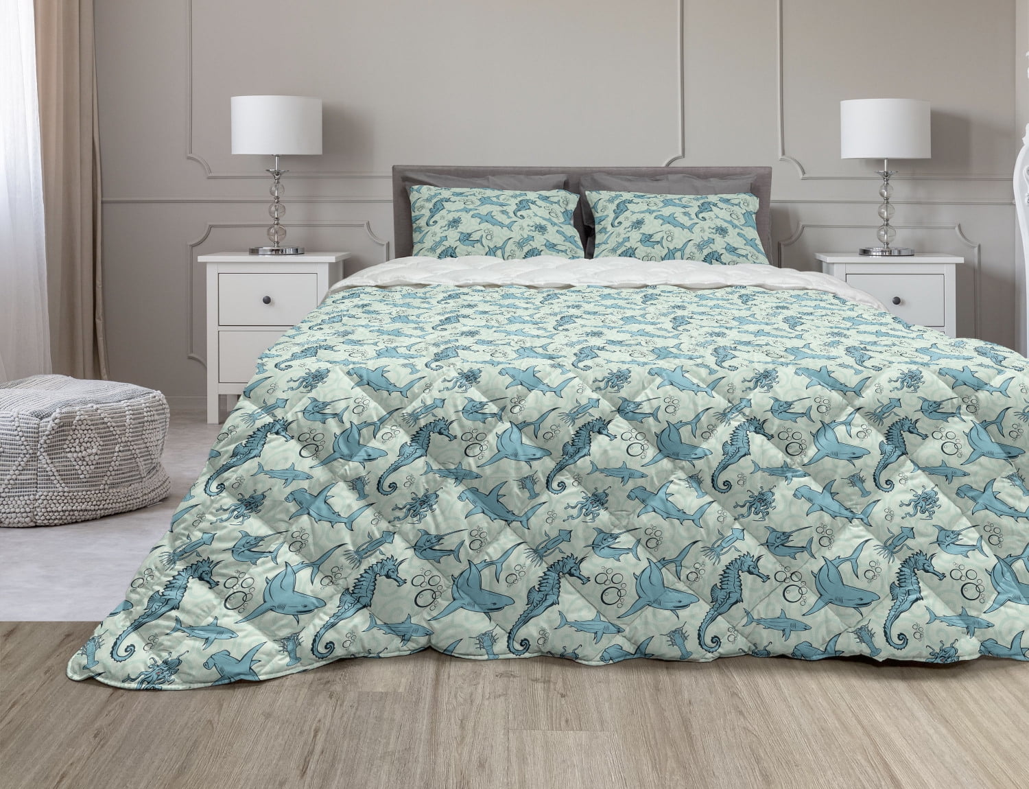 Underwater Comforter & Sham Bedding Set, Cartoon Seahorse Cuttlefish