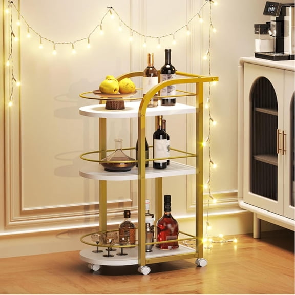3-Tier Bar Cart, Home Bar Serving Cart with Fence and Wheels, for Dining Room, Living Room, Garden, Party, White and Gold BC06DW