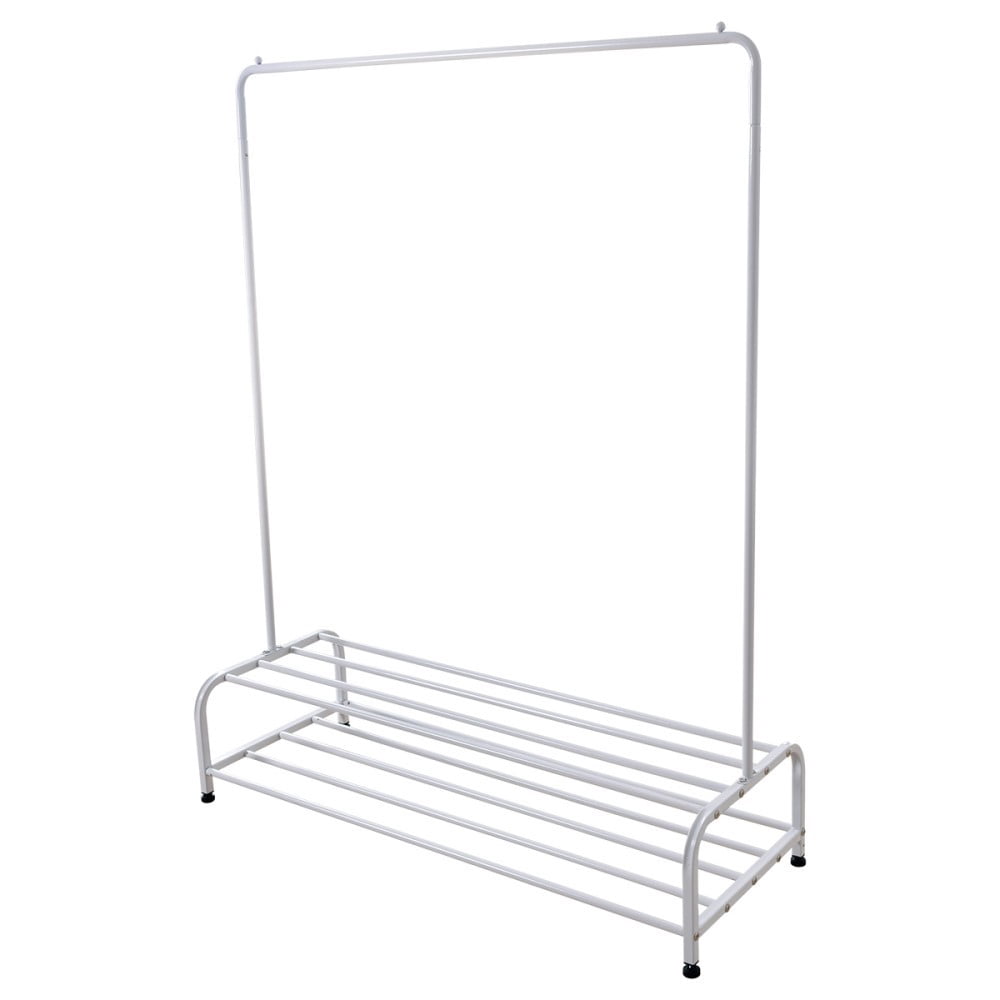 Heavy Duty Garment Rack, Metal Clothes Rack with Bottom Shelf, Freestanding Clothing Rack for Bedroom, Laundry Room, Entryway, Small Spaces, White