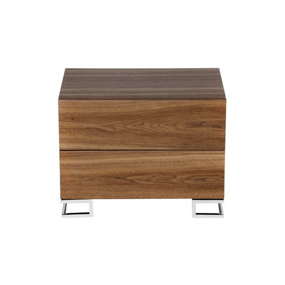 Benjara Sam 20 Inch Nightstand, 2 Drawers, Walnut Brown, High Polished Metal Legs