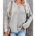 thumbnail image 4 of Suéter De Punto Cuello En V Medio Botones Color Puro Abertura Lateral Manga Larga Suéter Suelto Para Mujer Gris L, 4 of 6