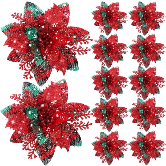 Minzimin 12 Pieces 5.7 Inch Christmas Poinsettia Flower Christmas Glitter Artificial Flower with Clips Xmas Tree Ornament for Wreath Garland Party Decor