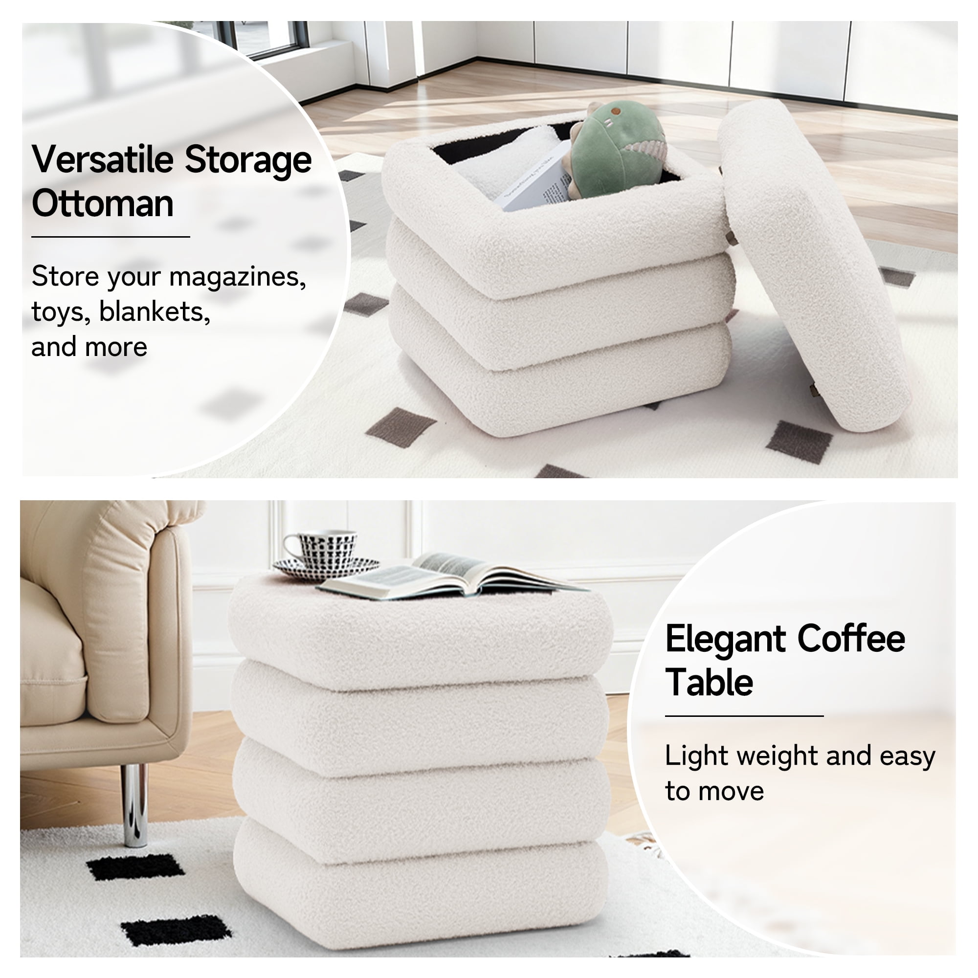 Korser Square Ottoman with Storage Set of 2,Upholstered Teddy Vanity Stool for Living Room,Bedroom,Beige