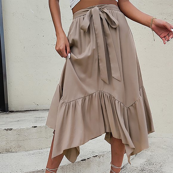 Elvqul Womens High-Waist Maxi Skirt Elastic Waist Summer A-Line Skirts Vacation Khaki Plain Casual Swing Skirts for Women
