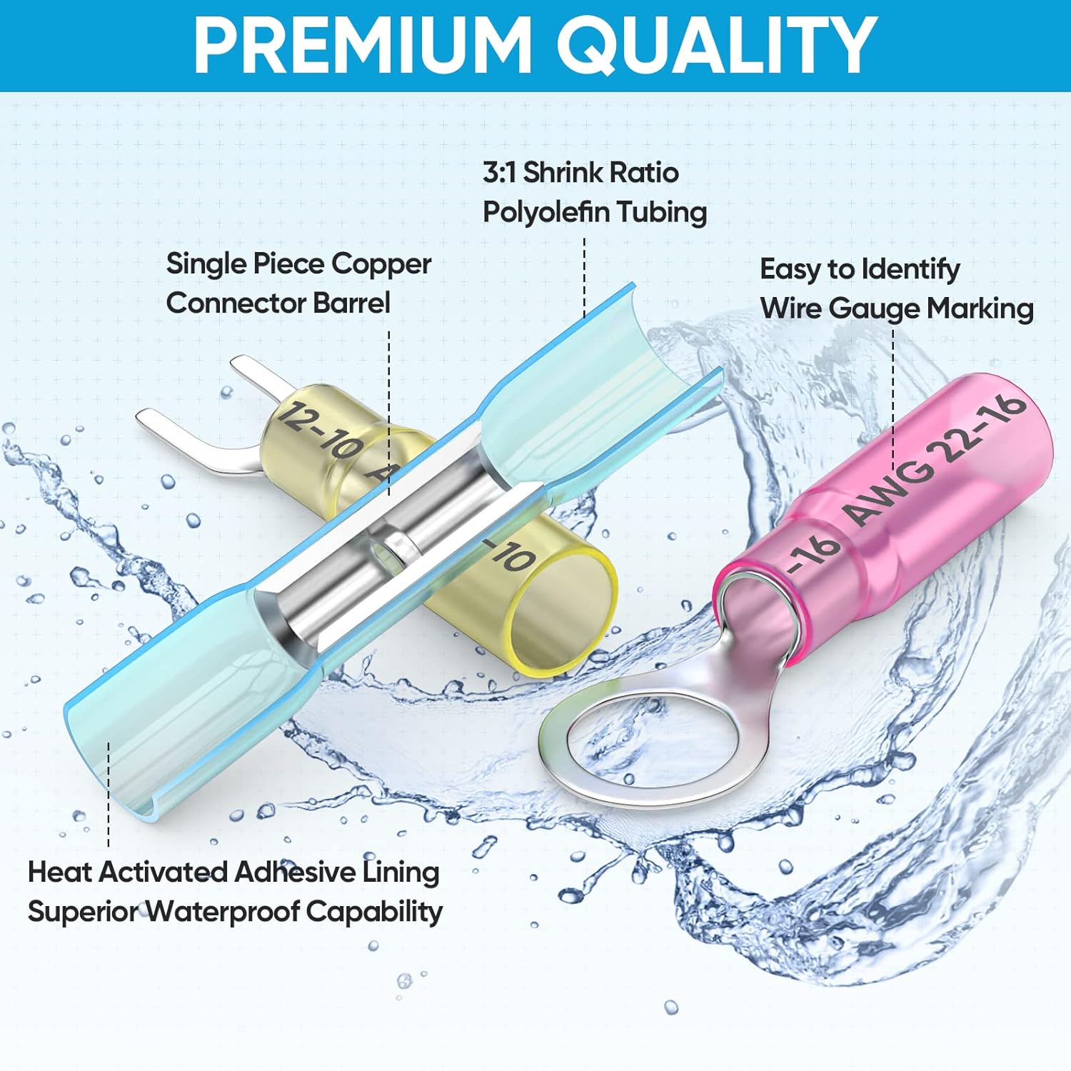 120 Heat shrink wire connectors, waterproof car boat electrical terminal kit, crimp connector assembly, ring fork flat end terminals