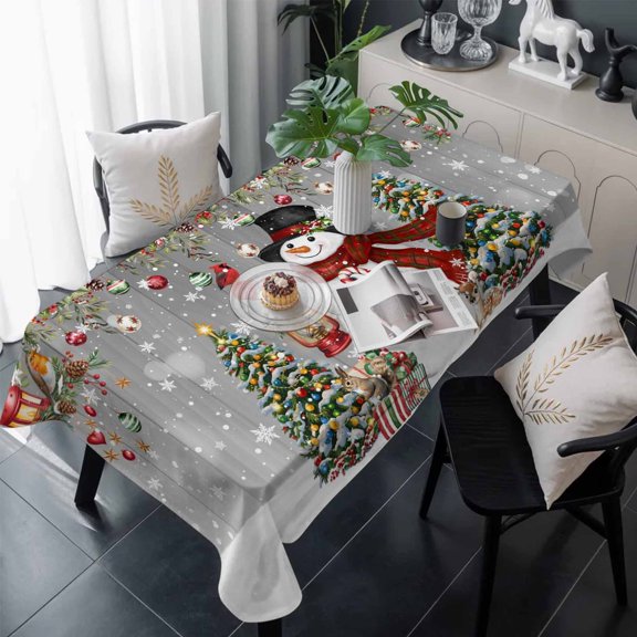 Grey Christmas Table Cloth Waterproof Tablecloths, Snowman Xmas Tree Ball Snowflake Winter Wooden Tablecloth Dining Table Cover for Kitchen Party Tabletop Outdoor, Rectangle Tablecloth 60x120 Inch