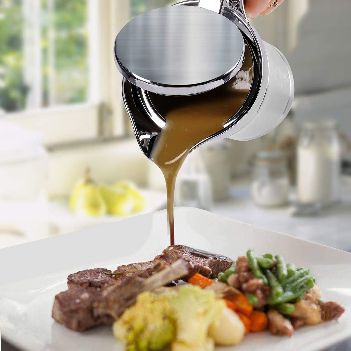 304 Stainless Steel Thermal Insulated Double Wall Sauce Pot Serving Jug for Home Kitchen Rehomy Gravy Boat Sauce Jug with Lid 