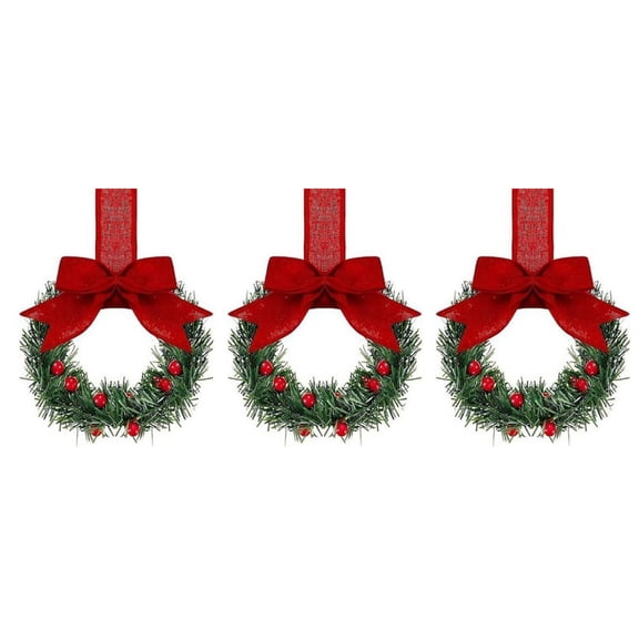 3Pcs Mini Christmas Wreaths for Kitchen Cabinet with Long Bow,Small Christmas Norfolk Wreath Decoration,Farmhouse Christmas Hanging Decor for Window Wall Front Door,5.12x21.7 inch