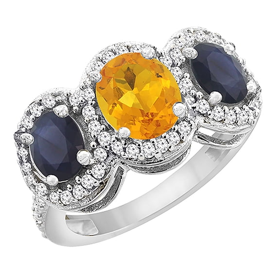 14K White Gold Natural Citrine & Quality Blue Sapphire 3-stone Mothers Ring Oval Diamond Accent, size 6.5