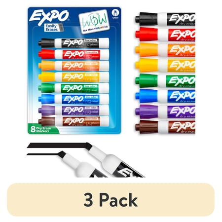 (3 pack) EXPO Dry Erase Markers, Chisel Tip, Assorted Colors, 8 Count