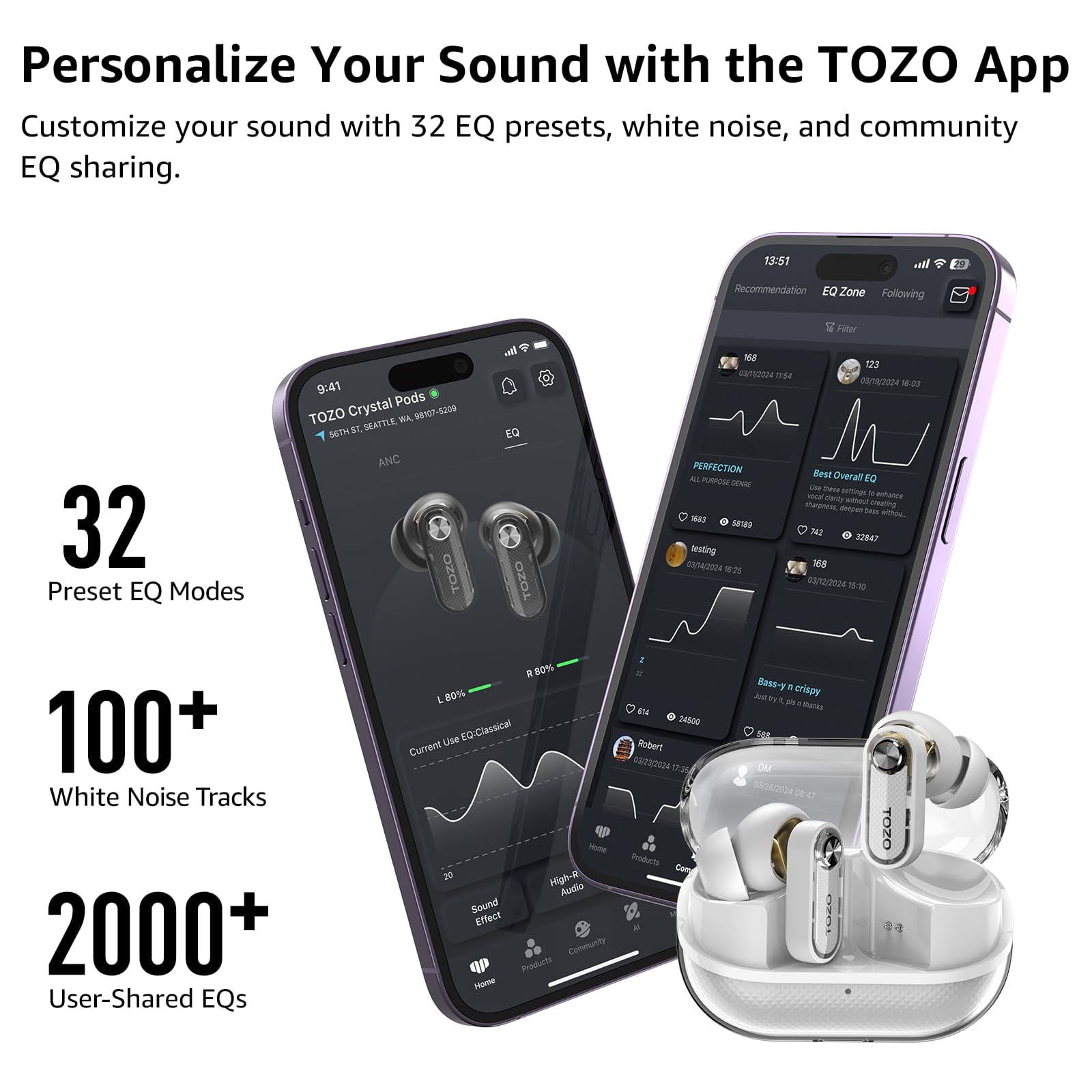 TOZO AI Translation Hybrid Active Noise Cancelling Earbuds, 100+ Languages, 70H, Smart ENC AI Calls, Stereo Bass with App-32EQ, IPX5 Waterproof Bluetooth 5.4 Headphones, Sleek Transparent Design