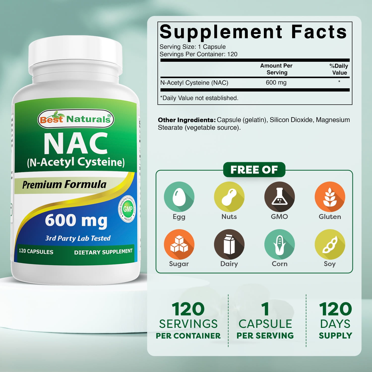 3 Pack Best Naturals NAC (N-Acetyl Cysteine) 600 mg 120 Capsules
