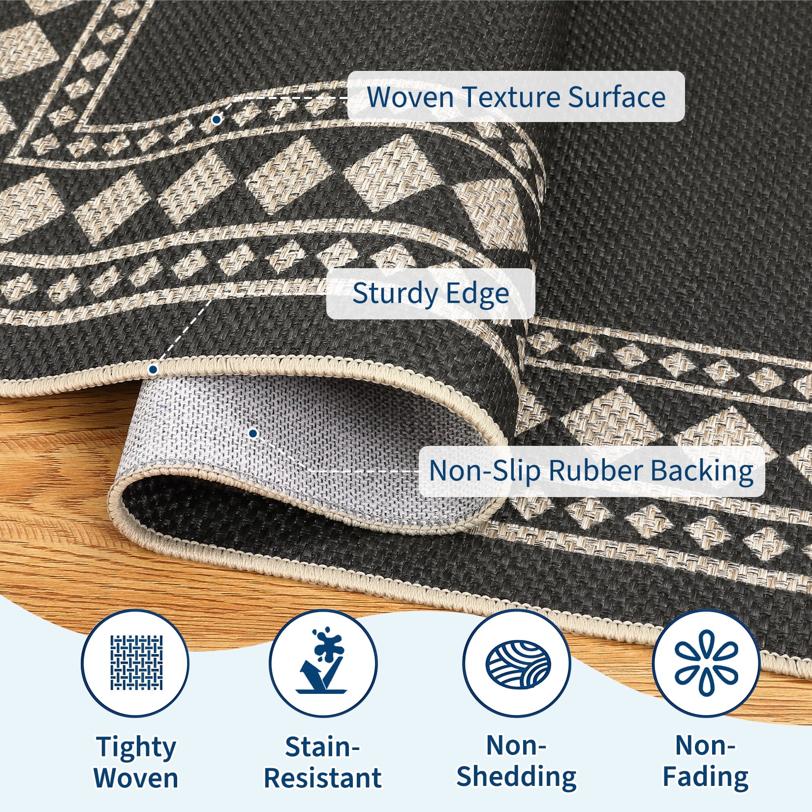 Garvee 5'x7' Modern Bordered Rug Solid Area Rug, Geometric Washable Rugs Stain Resistant Low Pile Rug Non Slip Indoor Outdoor Carpet for Living Room Bedroom Home Office, Black