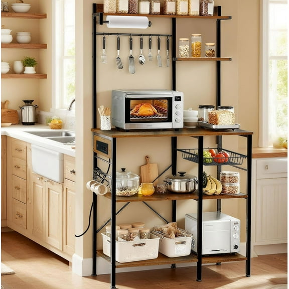 Metal Bakers Rack In Brown Includes Power Outlet And S-Shaped Hooks For Convenient Kitchen Shelf Storage