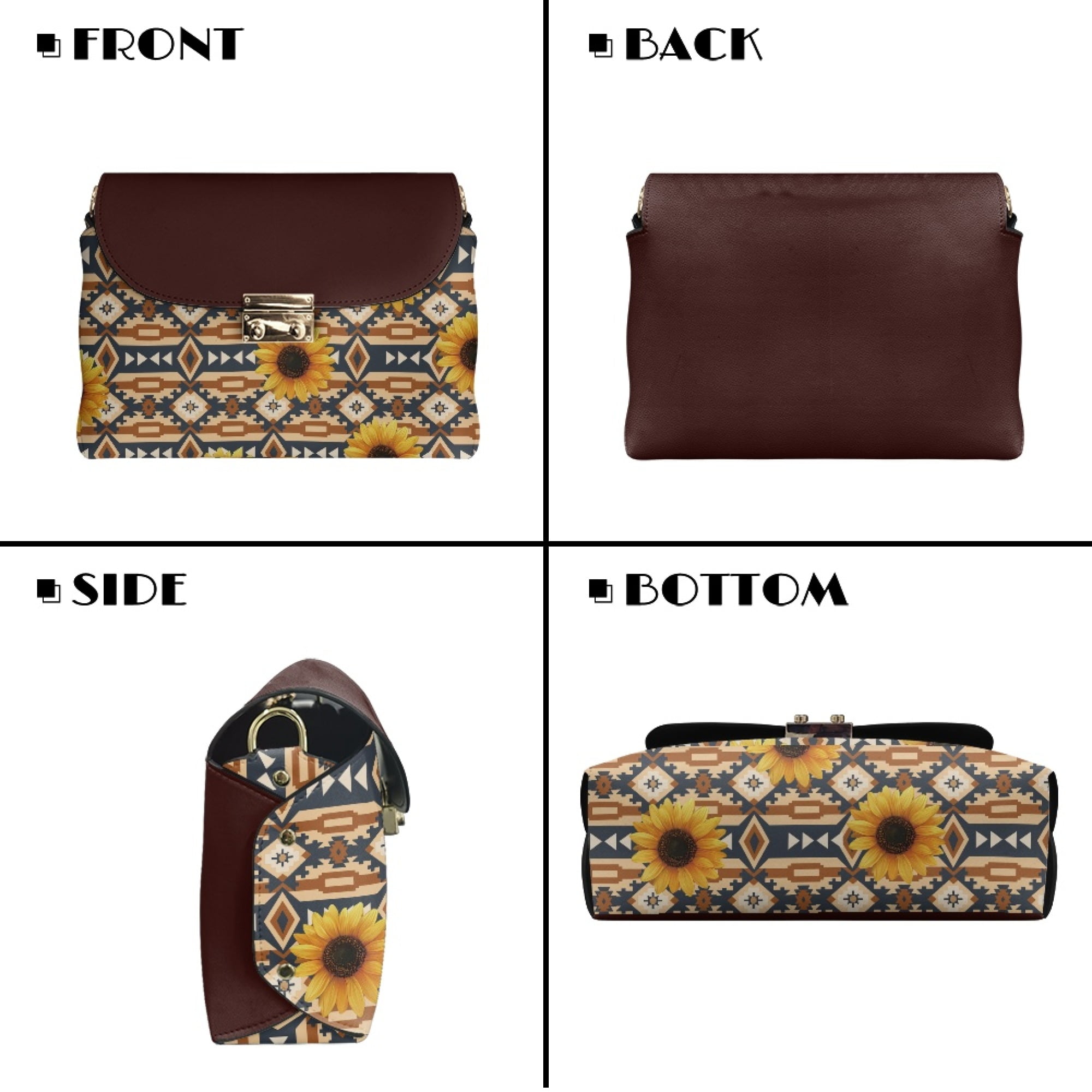 TSOVTHRID Aztec Tribal Sunflower Brown Print Crossbody Bags Womens Leather Cross Body Handbags for Women with Long Detachable Chain Small Shoulder Purses Large Capacity Bag