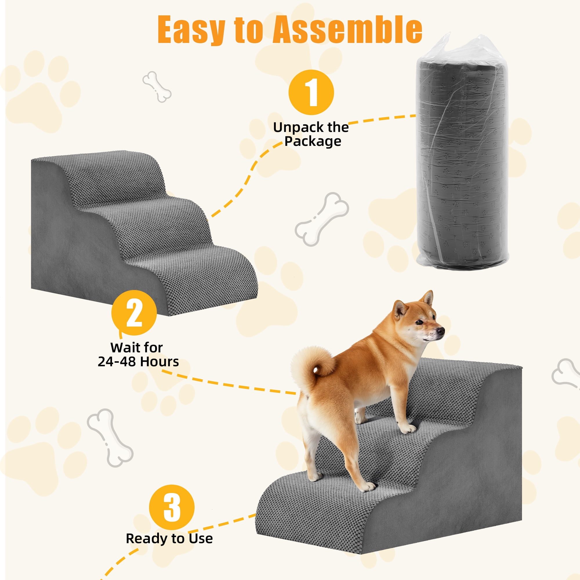 Gianna 17" Dog Stairs for Bed, 3-Step Non-Slip Pet Steps for Small Dogs and Cats, Indoor, Grey
