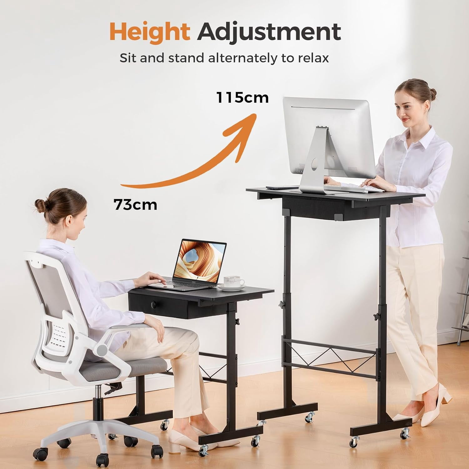 Small Standing Desk Adjustable Height with Wheels and Drawer, 32 Inch Portable Computer Workstation for Home Office