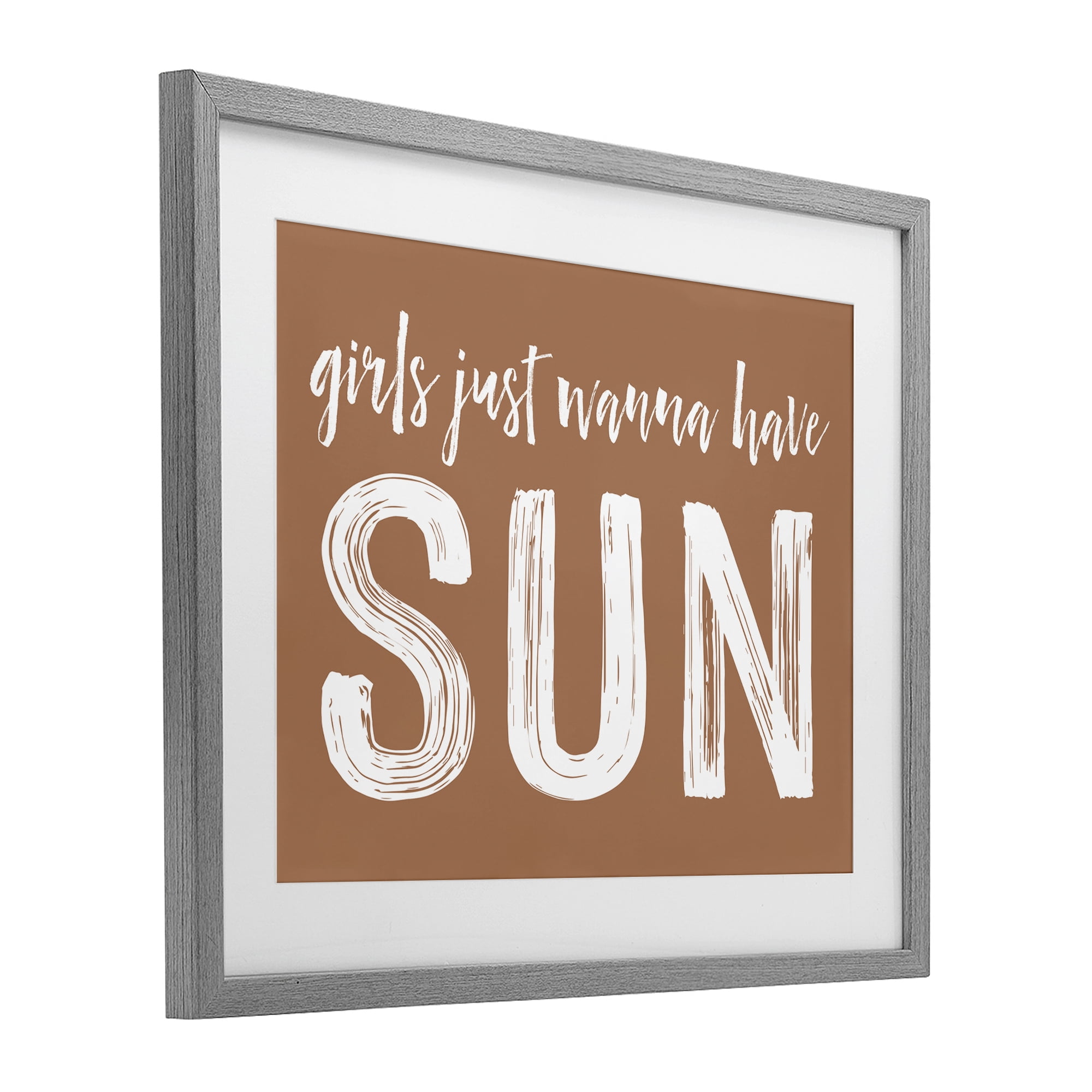 Girls Wanna Have Sun Brown Gray Framed Print Under Glass, design by Lettered and Lined